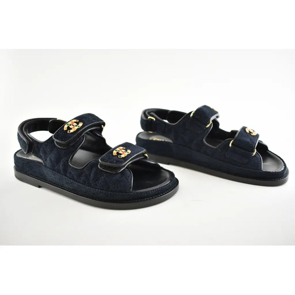 Chanel 21A Blue Velvet Denim CC Logo Mule Slide Strap Flat Teva Dad Sandal 35.5 - Picture 4 of 12
